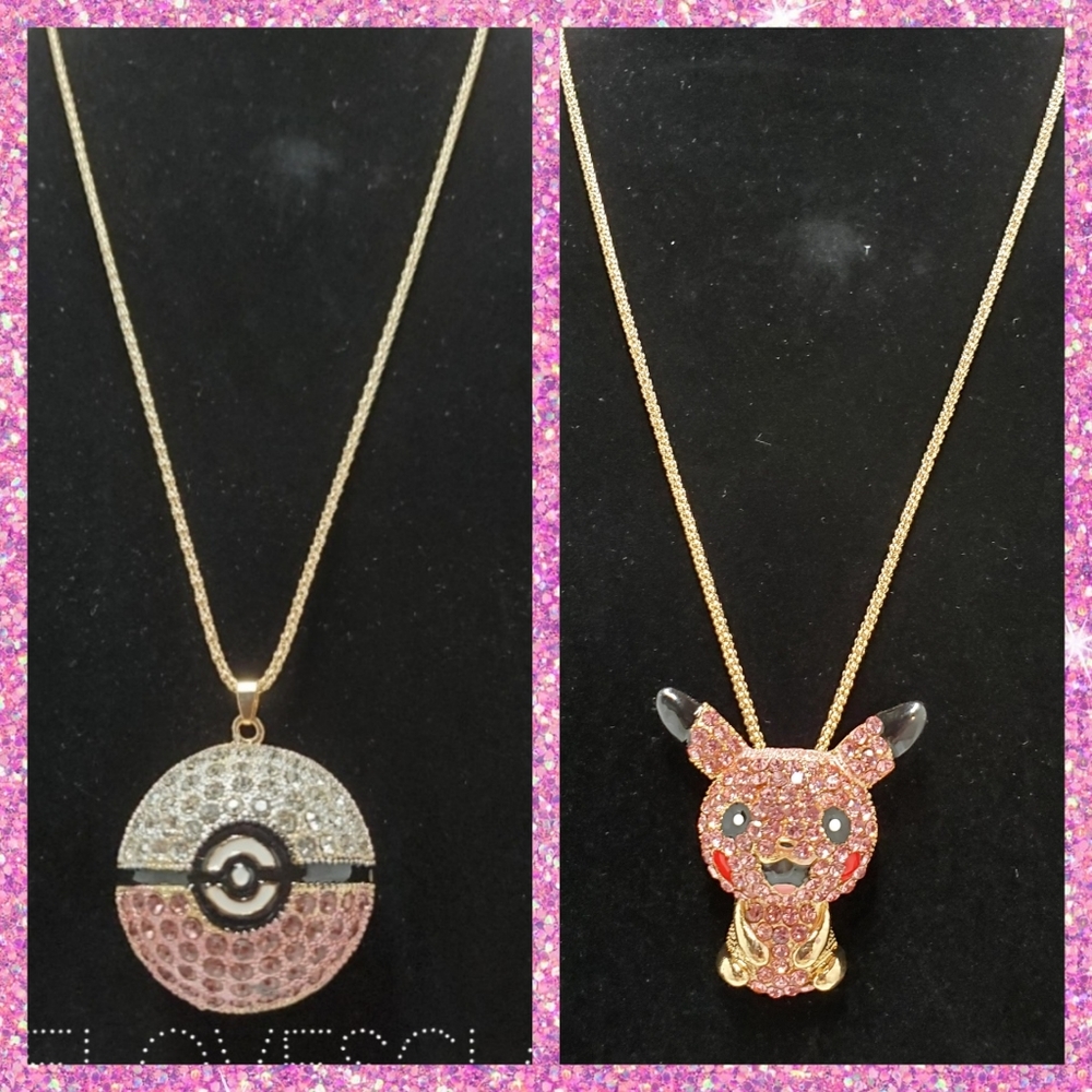 Pink Embellished Rhinestones Bling Pikacho + Pokémon Ball Necklaces!